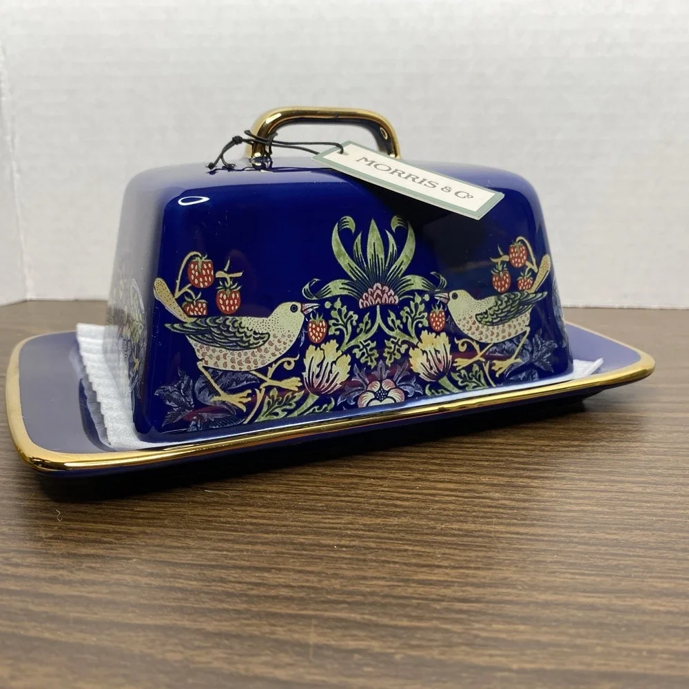 NWT William Morris & Co Strawberry Thief Butter Dish Blue with Gold Trim